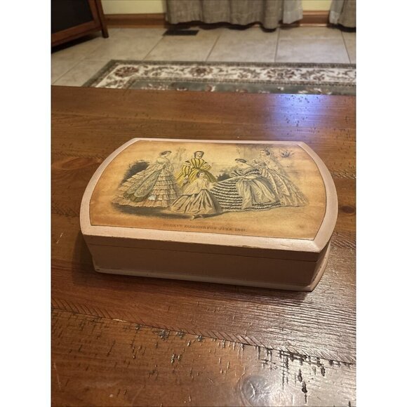 Unbranded Other - Vintage 1920’s Jewelry Box Wood Godey’s Fashion Label Opens To Vanity Mirror